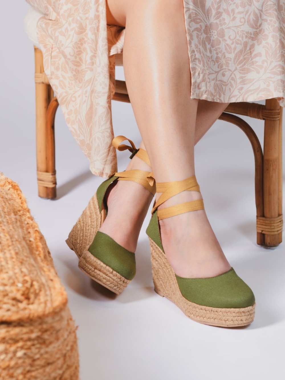 Olive Green Wedge Espadrilles with Ankle Ties